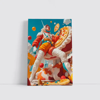 Astronaut Woman Floating With Pizza Surreal
