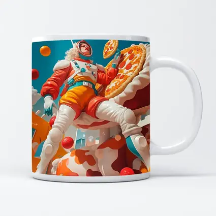 Astronaut Woman Floating With Pizza Surreal