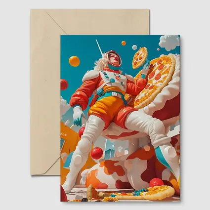 Astronaut Woman Floating With Pizza Surreal