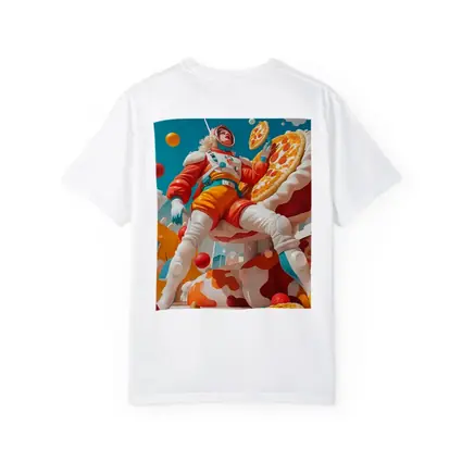 Astronaut Woman Floating With Pizza Surreal