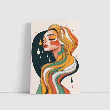 Retro Woman Portrait Flowing Colorful Hair Art