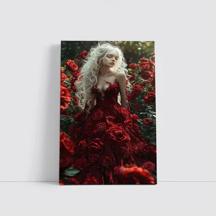 White Hair Woman Red Roses Garden Fantasy