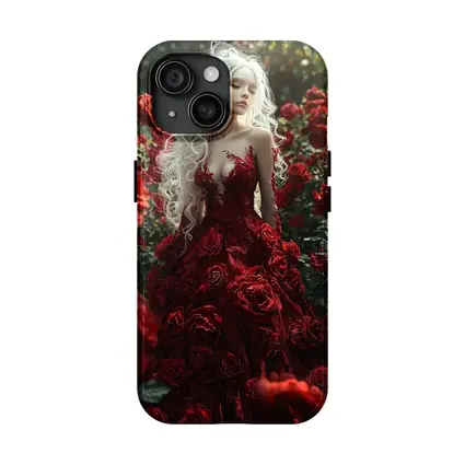 White Hair Woman Red Roses Garden Fantasy