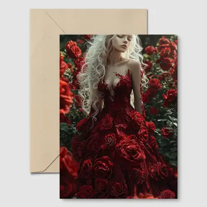 White Hair Woman Red Roses Garden Fantasy