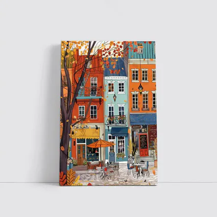 Autumn Street Cafe Colorful European City Illustration