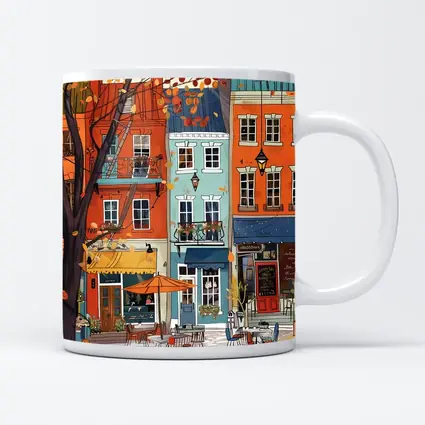 Autumn Street Cafe Colorful European City Illustration