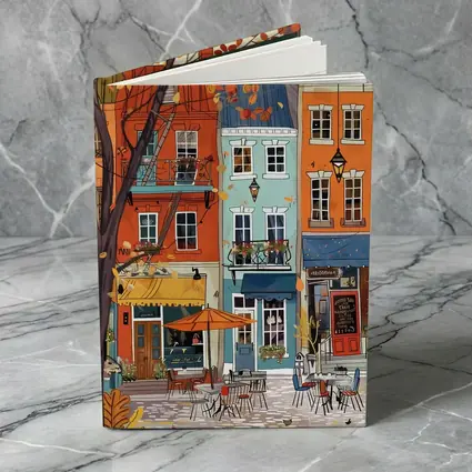 Autumn Street Cafe Colorful European City Illustration