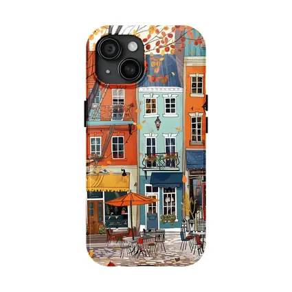 Autumn Street Cafe Colorful European City Illustration