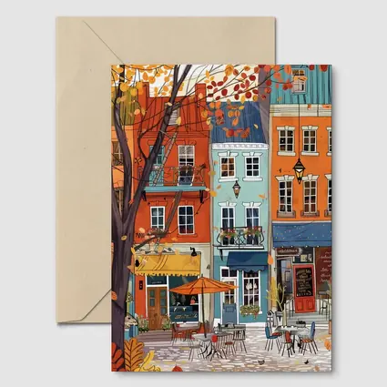 Autumn Street Cafe Colorful European City Illustration
