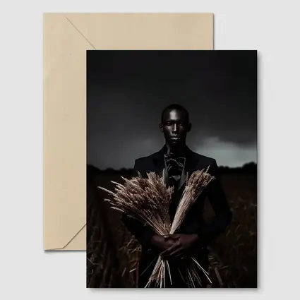 Man in Black Suit Holding Wheat Field