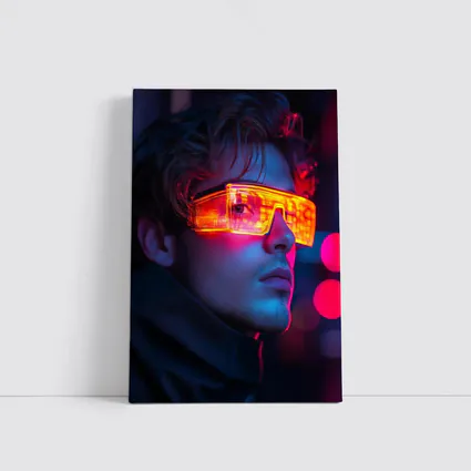Cyberpunk Man Glowing Orange Visor Neon City