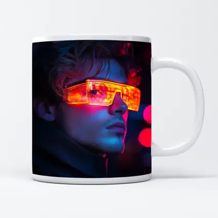 Cyberpunk Man Glowing Orange Visor Neon City