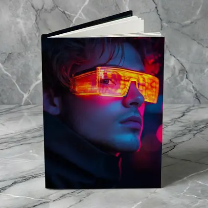 Cyberpunk Man Glowing Orange Visor Neon City