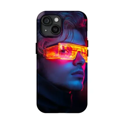Cyberpunk Man Glowing Orange Visor Neon City