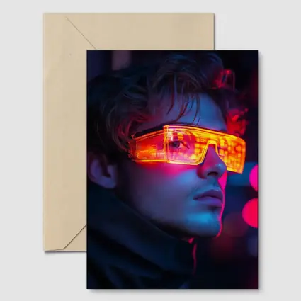 Cyberpunk Man Glowing Orange Visor Neon City