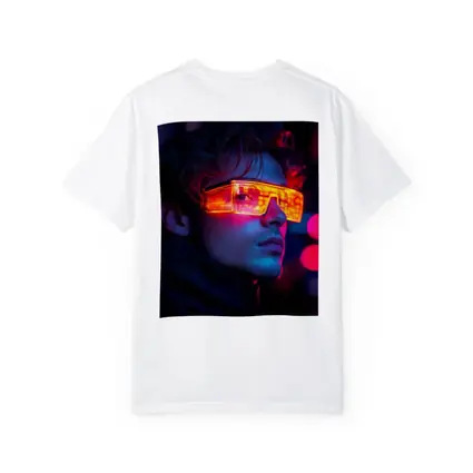 Cyberpunk Man Glowing Orange Visor Neon City