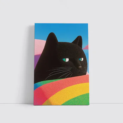 Black Cat Green Eyes Rainbow Pastel Background