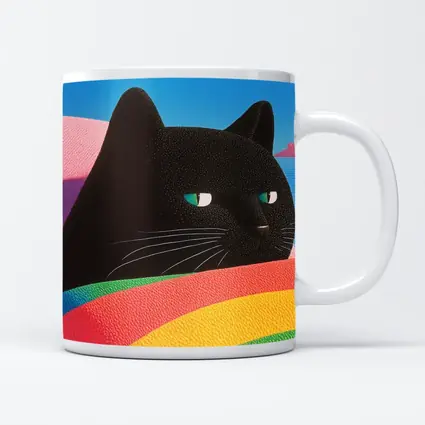 Black Cat Green Eyes Rainbow Pastel Background