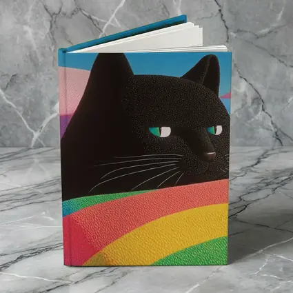 Black Cat Green Eyes Rainbow Pastel Background