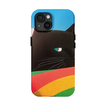Black Cat Green Eyes Rainbow Pastel Background