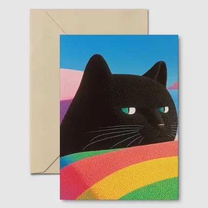 Black Cat Green Eyes Rainbow Pastel Background