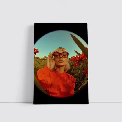 Blonde Woman Red Flowers Fisheye Retro