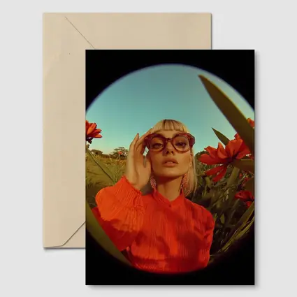 Blonde Woman Red Flowers Fisheye Retro