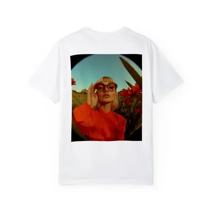 Blonde Woman Red Flowers Fisheye Retro