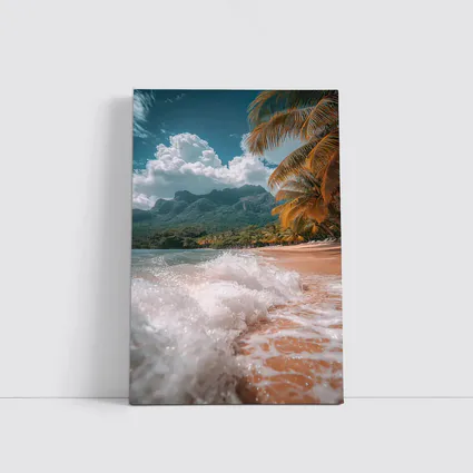 Tropical Beach Shore Waves Palm Trees Mountains