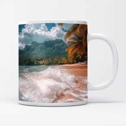 Tropical Beach Shore Waves Palm Trees Mountains