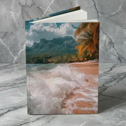 Tropical Beach Shore Waves Palm Trees Mountains