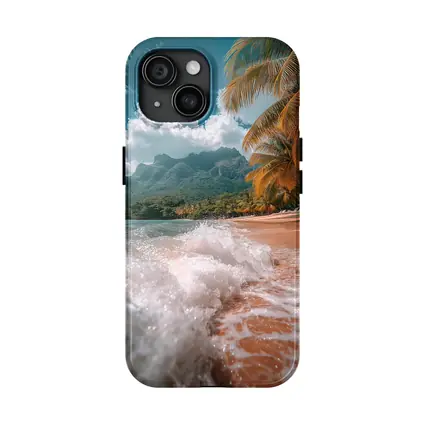 Tropical Beach Shore Waves Palm Trees Mountains
