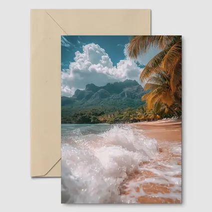 Tropical Beach Shore Waves Palm Trees Mountains