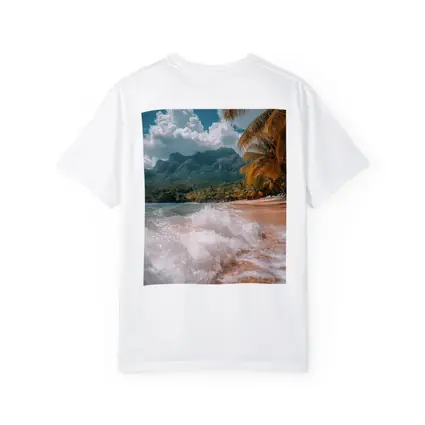 Tropical Beach Shore Waves Palm Trees Mountains