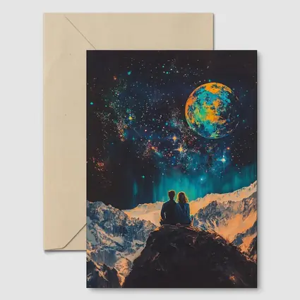 Couple Stargazing Giant Planet Mountain Night