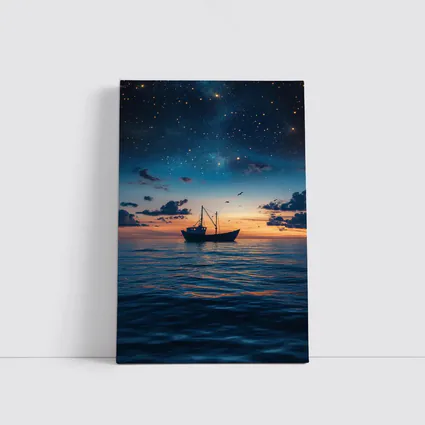 Fishing Boat Sailing Under Starry Night Sky