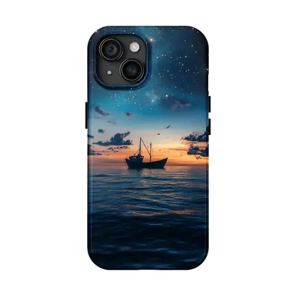 Fishing Boat Sailing Under Starry Night Sky