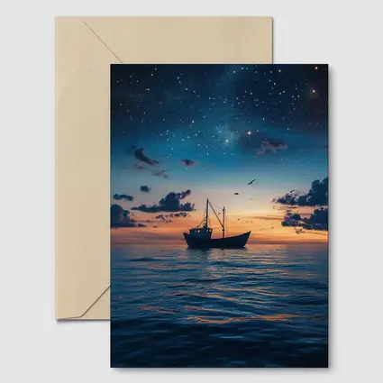 Fishing Boat Sailing Under Starry Night Sky