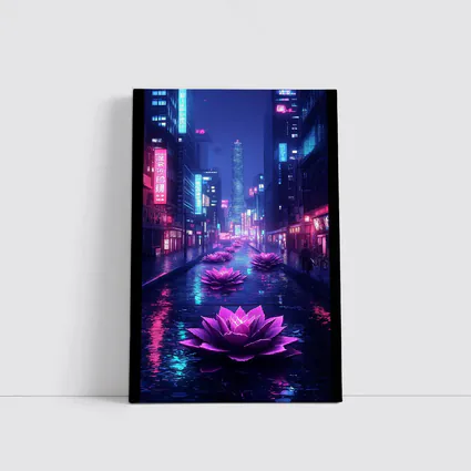 Neon Lotus Flowers Rainy Cyberpunk City Street