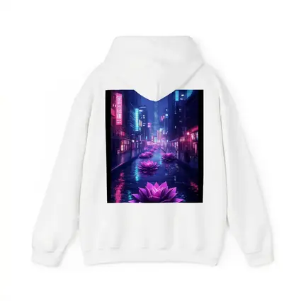 Neon Lotus Flowers Rainy Cyberpunk City Street