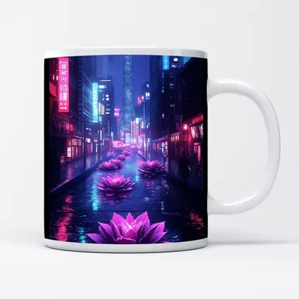 Neon Lotus Flowers Rainy Cyberpunk City Street