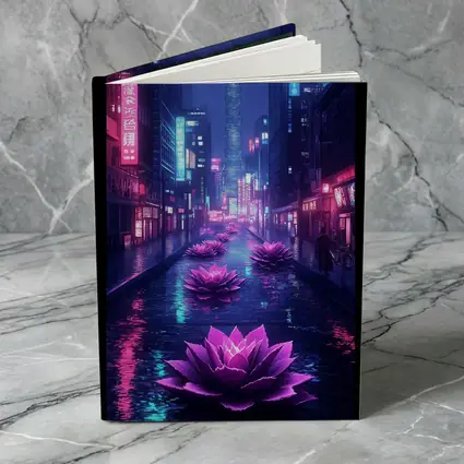 Neon Lotus Flowers Rainy Cyberpunk City Street
