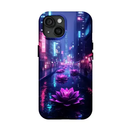 Neon Lotus Flowers Rainy Cyberpunk City Street