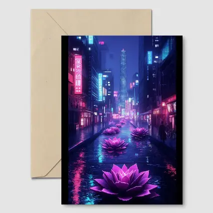 Neon Lotus Flowers Rainy Cyberpunk City Street