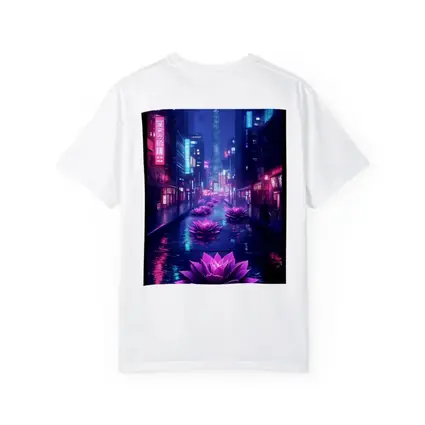 Neon Lotus Flowers Rainy Cyberpunk City Street