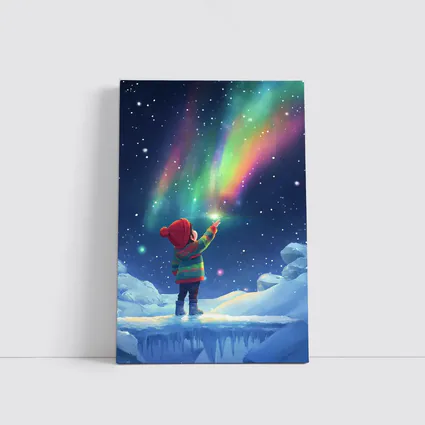 Child Pointing at Northern Lights Winter Night