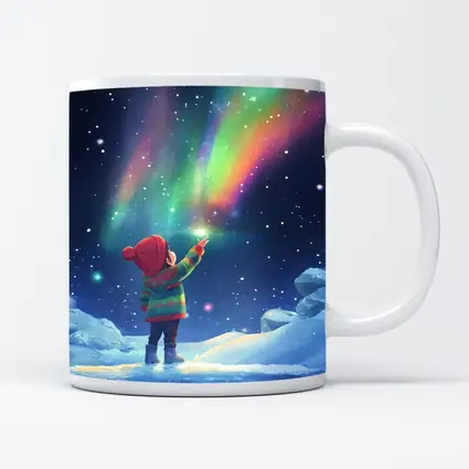 Child Pointing at Northern Lights Winter Night
