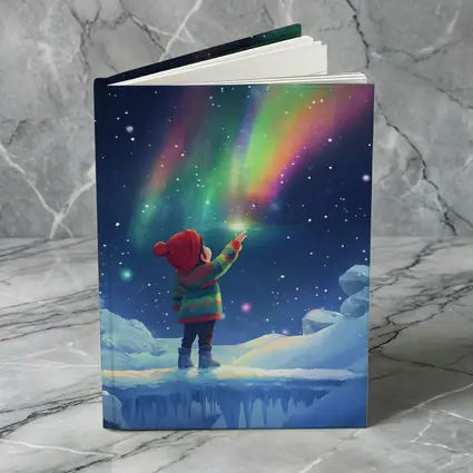 Child Pointing at Northern Lights Winter Night