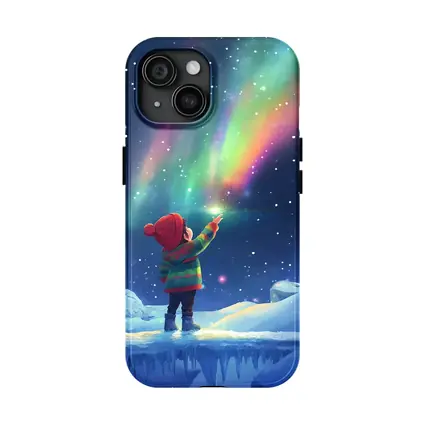 Child Pointing at Northern Lights Winter Night
