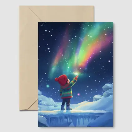 Child Pointing at Northern Lights Winter Night
